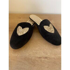 Black Slip-On Velvet Mules With Gold Glitter Heart - Size 41 By A Little Glamour